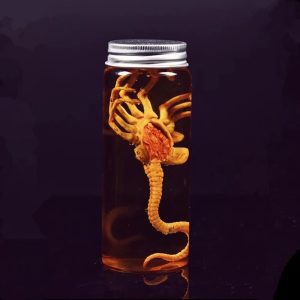 Frasco de vidro com facehugger de Alien em líquido âmbar, tampa metálica, fundo escuro