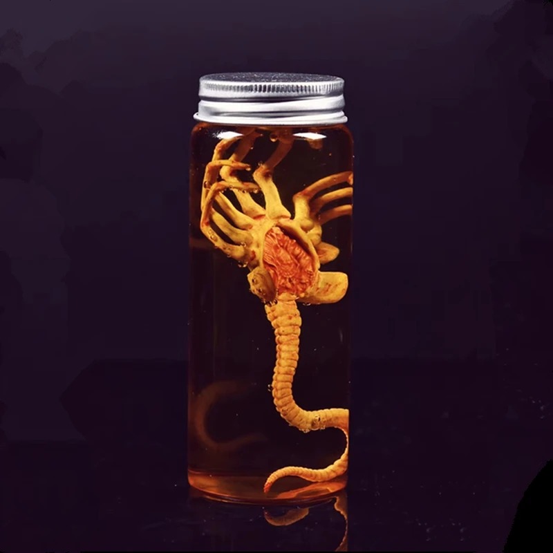 Frasco de vidro com facehugger de Alien em líquido âmbar, tampa metálica, fundo escuro