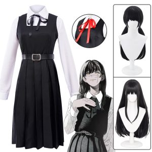 Cosplay da Asa Mitaka, Chainsaw Man: vestido preto, camisa branca, laço vermelho e peruca preta