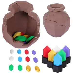 Pote marrom aberto sobre base preta com rupias coloridas, inspirado em Zelda Breath of the Wild