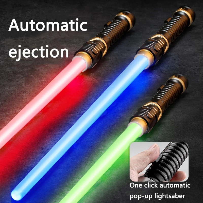 Três sabres de luz LED, vermelho, azul e verde, acesos sobre fundo escuro