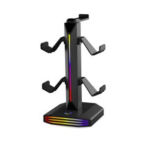 Suporte preto para headset e controles, com luz RGB na coluna e na base, sobre fundo branco