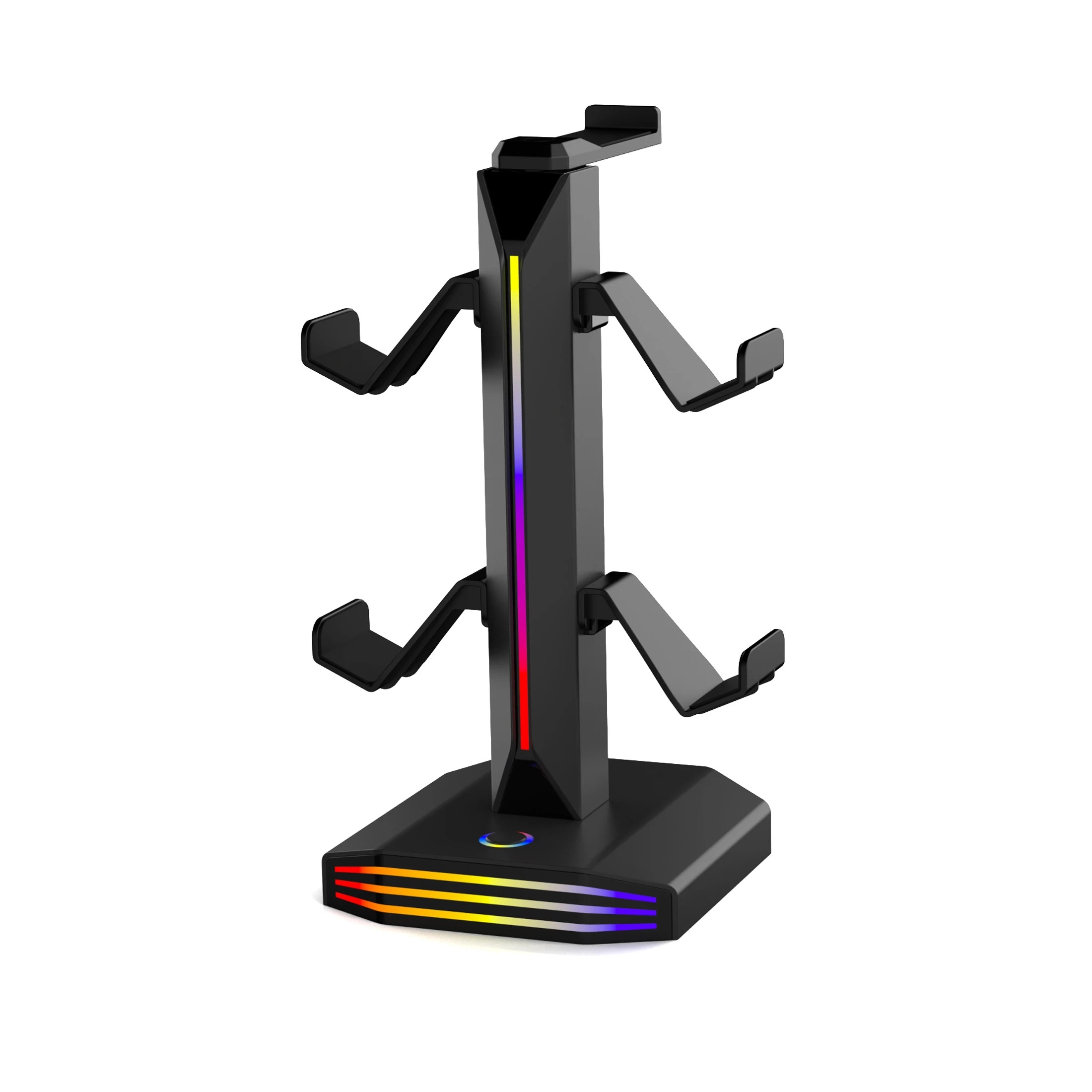 Suporte preto para headset e controles, com luz RGB na coluna e na base, sobre fundo branco