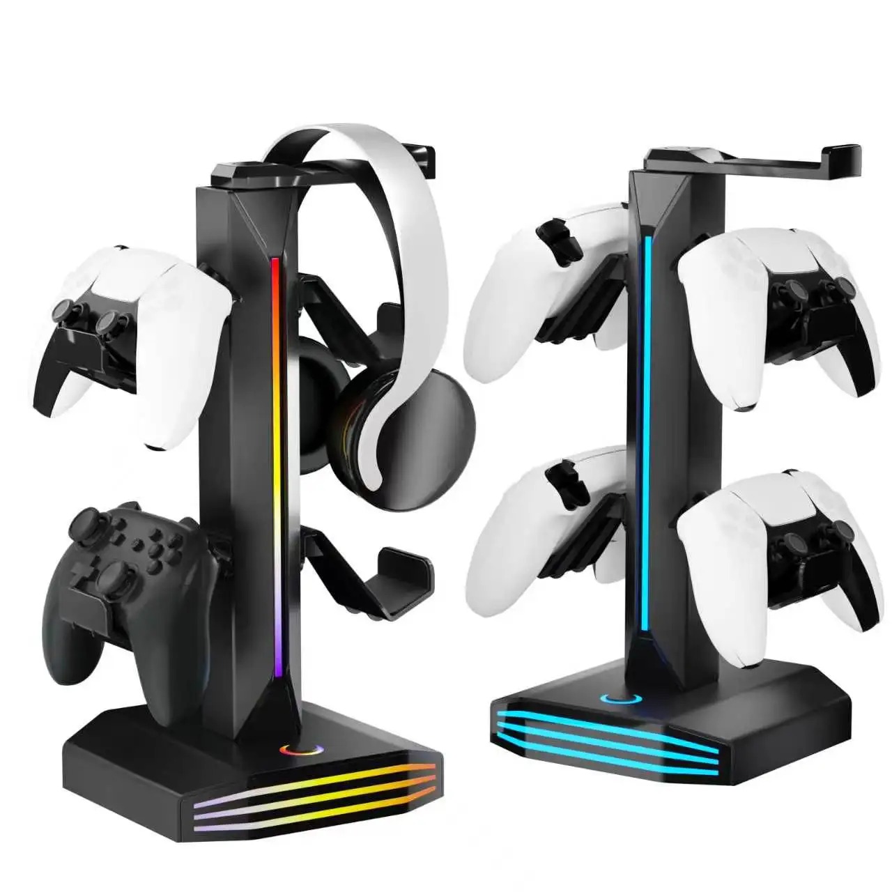 Dois suportes gamer com luz RGB segurando um headset e quatro controles