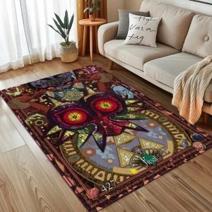 Tapete com a máscara de Majora's Mask e a Triforce em vermelho e dourado, numa sala