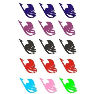 Cartela com 15 tatuagens da marca de Fairy Tail em azul, roxo, preto, vermelho, rosa e verde