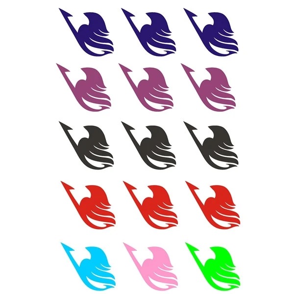 Cartela com 15 tatuagens da marca de Fairy Tail em azul, roxo, preto, vermelho, rosa e verde