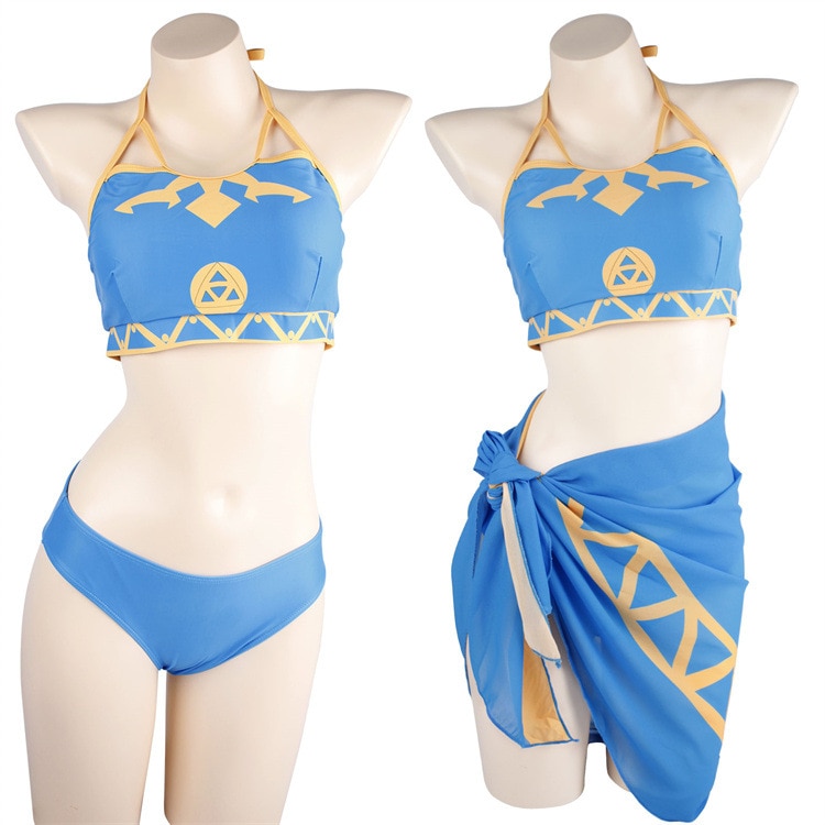 Traje de banho azul da Princesa Zelda, de Breath of the Wild, com top, parte de baixo e canga