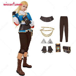 Traje da Princesa Zelda, de Breath of the Wild, com túnica azul, calça marrom, botas, tiara e acessórios