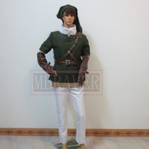 Traje verde do Link, de The Legend of Zelda, com gorro, luvas marrons e calça branca