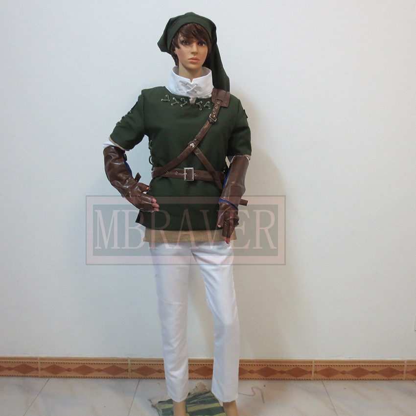 Traje verde do Link, de The Legend of Zelda, com gorro, luvas marrons e calça branca