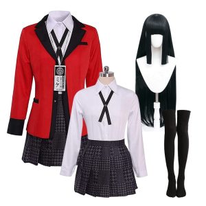 Cosplay da Yumeko Jabami, Kakegurui: blazer vermelho, camisa branca, saia xadrez e peruca preta longa