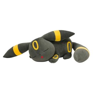 Pelúcia do Umbreon, de Pokémon, preta com anéis amarelos, deitada dormindo