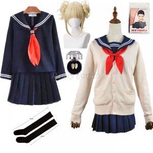 Uniforme da Himiko Toga, de My Hero Academia, com marinheira azul, cardigã bege, peruca loira e meias