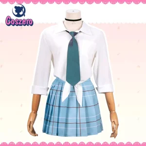 Uniforme da Marin Kitagawa, de My Dress-Up Darling, com camisa branca, gravata verde e saia xadrez azul