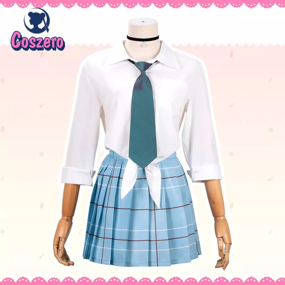 Uniforme da Marin Kitagawa, de My Dress-Up Darling, com camisa branca, gravata verde e saia xadrez azul