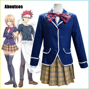 Uniformes escolares de Food Wars: blazer azul-marinho, laço vermelho e saia xadrez