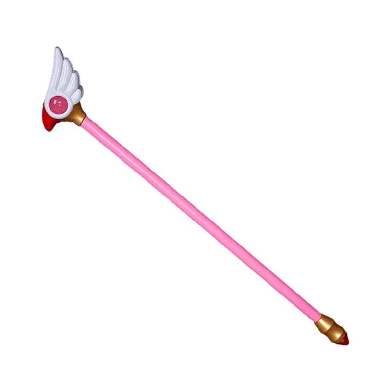 Varinha rosa de Sakura Card Captors, com asas brancas, esfera vermelha e ponta dourada