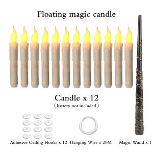 Kit de 12 velas flutuantes de LED com varinha de controle, ganchos adesivos e fio, estilo Harry Potter