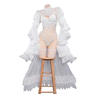 Vestido de noiva branco da 2B, de Nier: Automata, com renda e mangas de babado, em manequim