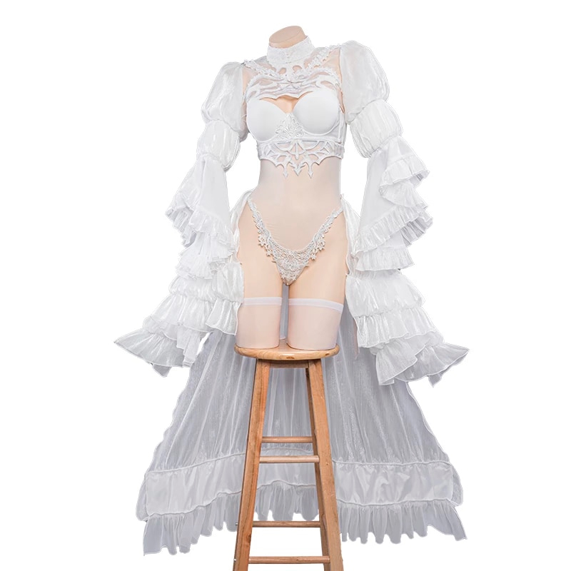 Vestido de noiva branco da 2B, de Nier: Automata, com renda e mangas de babado, em manequim