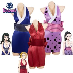Vestidos das três esposas do Uzui, de Demon Slayer: Suma, Hinatsuru e Makio, em azul, vermelho e lilás