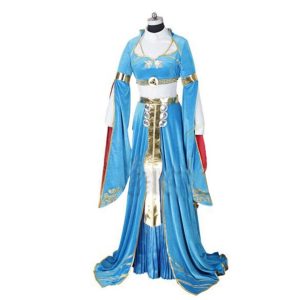 Vestido longo azul da Princesa Zelda, de Breath of the Wild, com detalhes dourados, em manequim